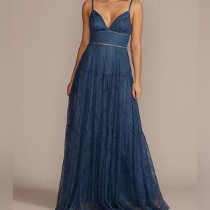 Davids Bridal Studio Blue Lace Maxi Dress